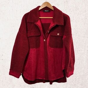 Red Teddy Jacket with Oversized Collar and Soft Material